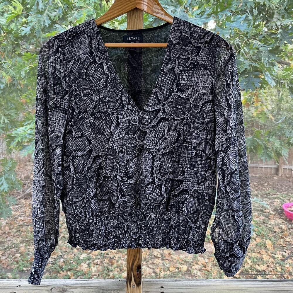 1. State Grey Python Print Blouse With Smocked Peplum Waist Size Xs